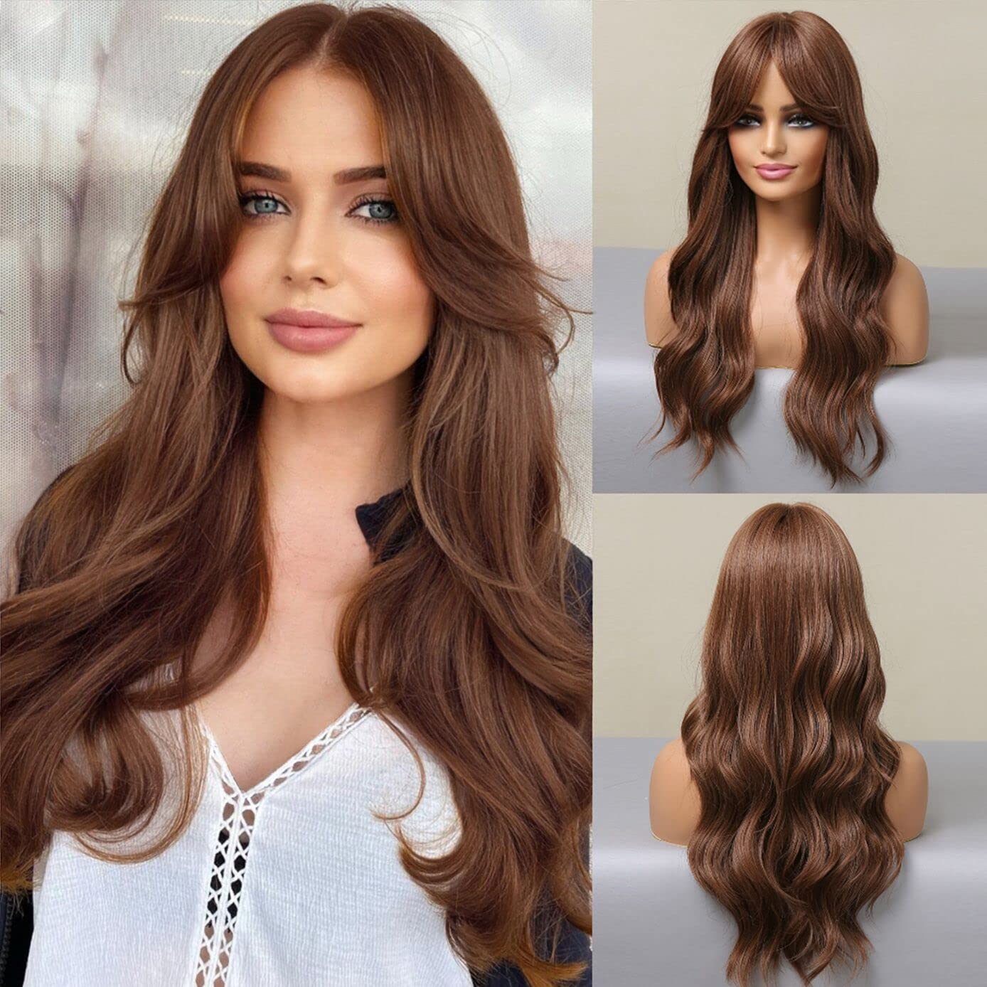 Natural Brown Long Wavy Wig with Curtain Bangs - Heat Resistant Synthetic Hair